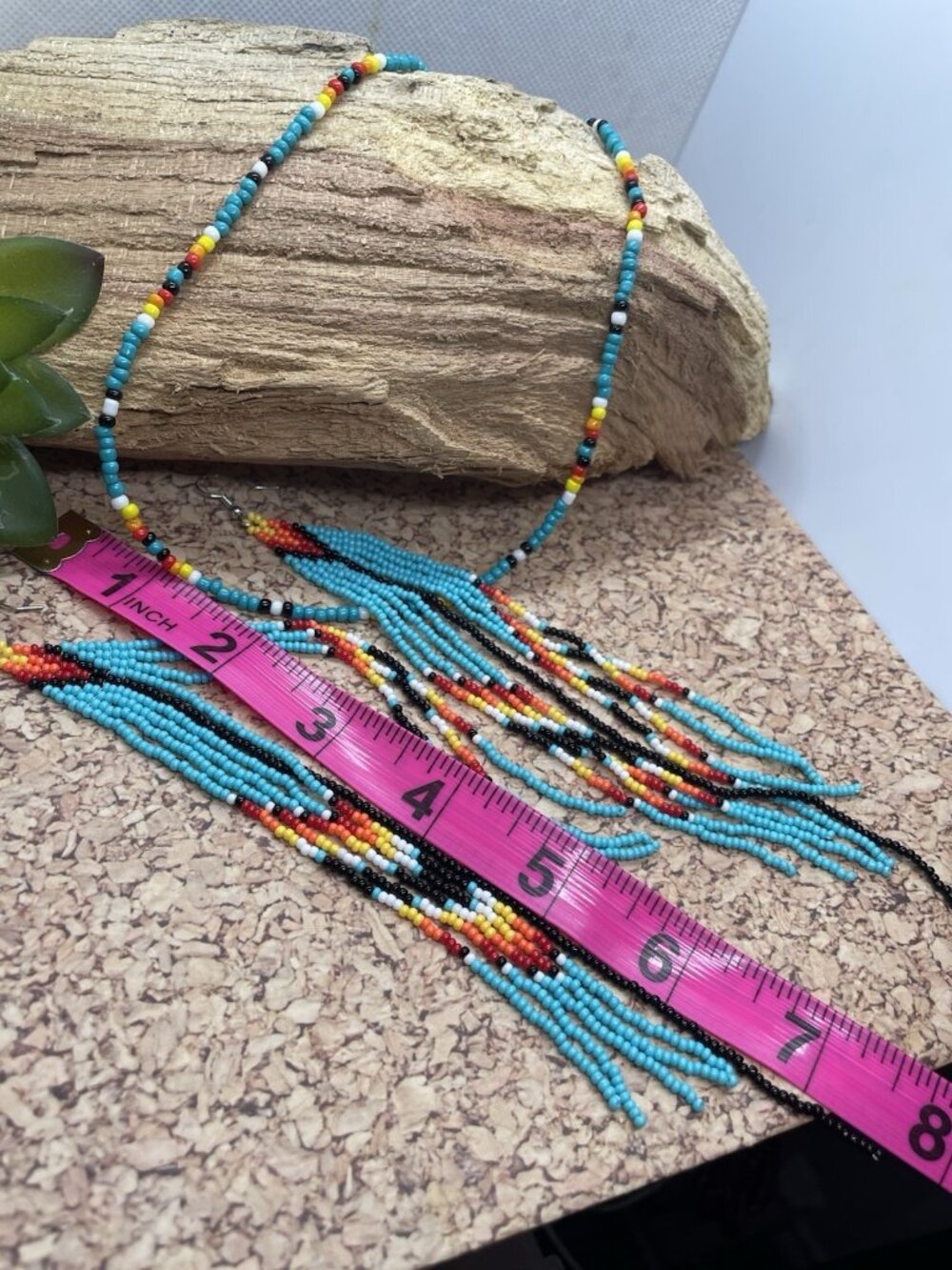 TURQUOISE 7" Handmade Earrings Fun Seed Bead Necklace Set Boho Choker Beach - Picture 7 of 7